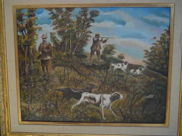 VINTAGE OIL PAINTING HUNTING SCENE C SPANIELS