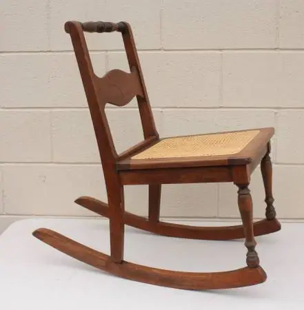 VINTAGE SMALL HANDKERCHIEF WOODEN ROCKING CHAIR WITH CANE SEAT
