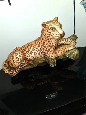 Vintage 1980s Plaster Clay Statue of Leopard Resting on Log