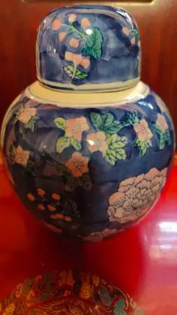 Vintage Chinese Blue and Pink Floral Cloisonné Porcelain Vase/Jar