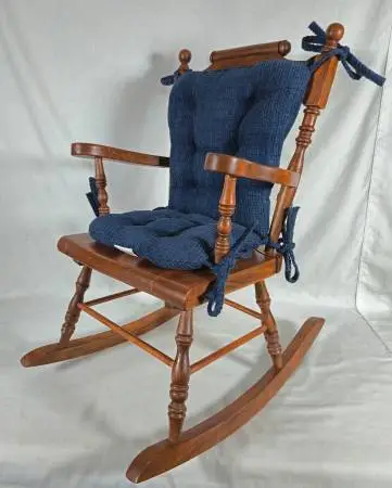 CHILDS SIZE EARLY AMERICAN STYLE WOOD ROCKING CHAIR BLUE CUSHION
