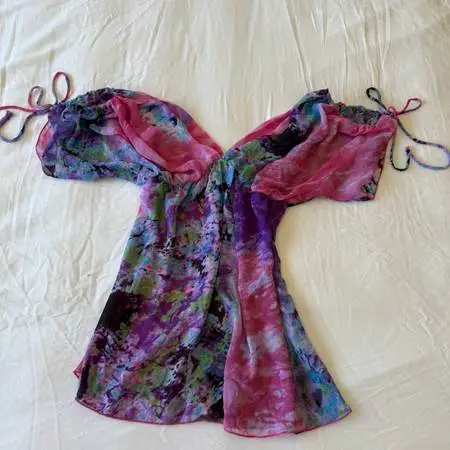 Dreamy Y2K Watercolor Fairy Blouse Top – Sheer Open Shoulder Tie-Sleeve Babydo