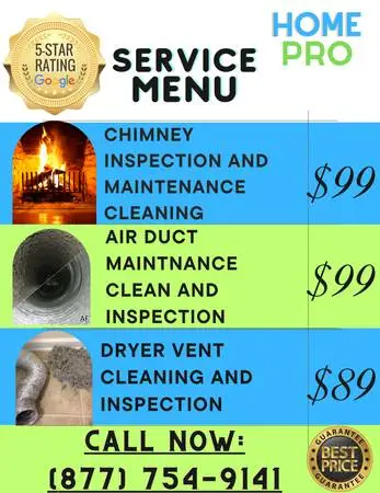 $99 BEST Air duct clean ,Chimney sweep and repair, Dryer vent