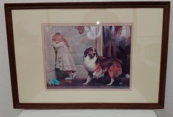 LARGE FRAMED ART PRINT OF A VICTORIAN GIRL AND A COLLIE DOG