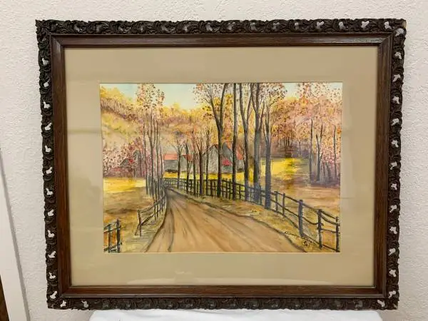 FRAMED WATERCOLOR COUNTRY ROAD PAINTING IN ORNATE OAK FILIGREE FRAME