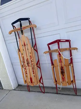 2 Flexible Flyer Christmas Classic Racer Wood & Metal Sleds.