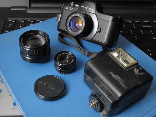 Pentax Auto 110 Film Camera w/3 Lenses - 50mm f/2.8, 24mm, 18mm + Flas