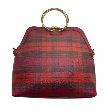 IMAN Women’s Burgundy/Red Faux Leather Plaid Gold Ring Handles