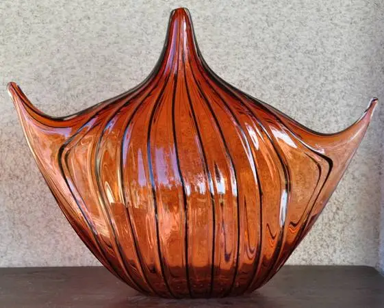 Studio hand-blown art glass ribbed free-form amber sculpture (OBO)