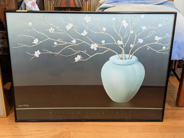 Framed 1982 exhibition poster by artist William Todd Haile titled Cherry Blosso
