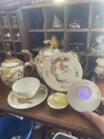 Antique Asian dragon tea set geisha lithophane