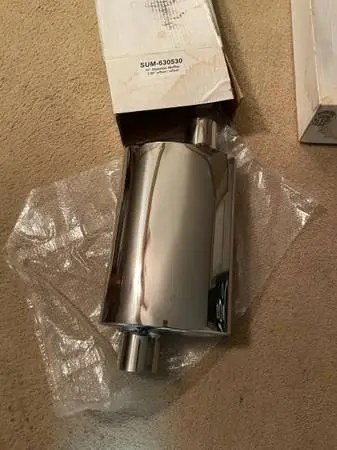 Pair Polished stainless steel mufflers, 16” 3” in 3” offset