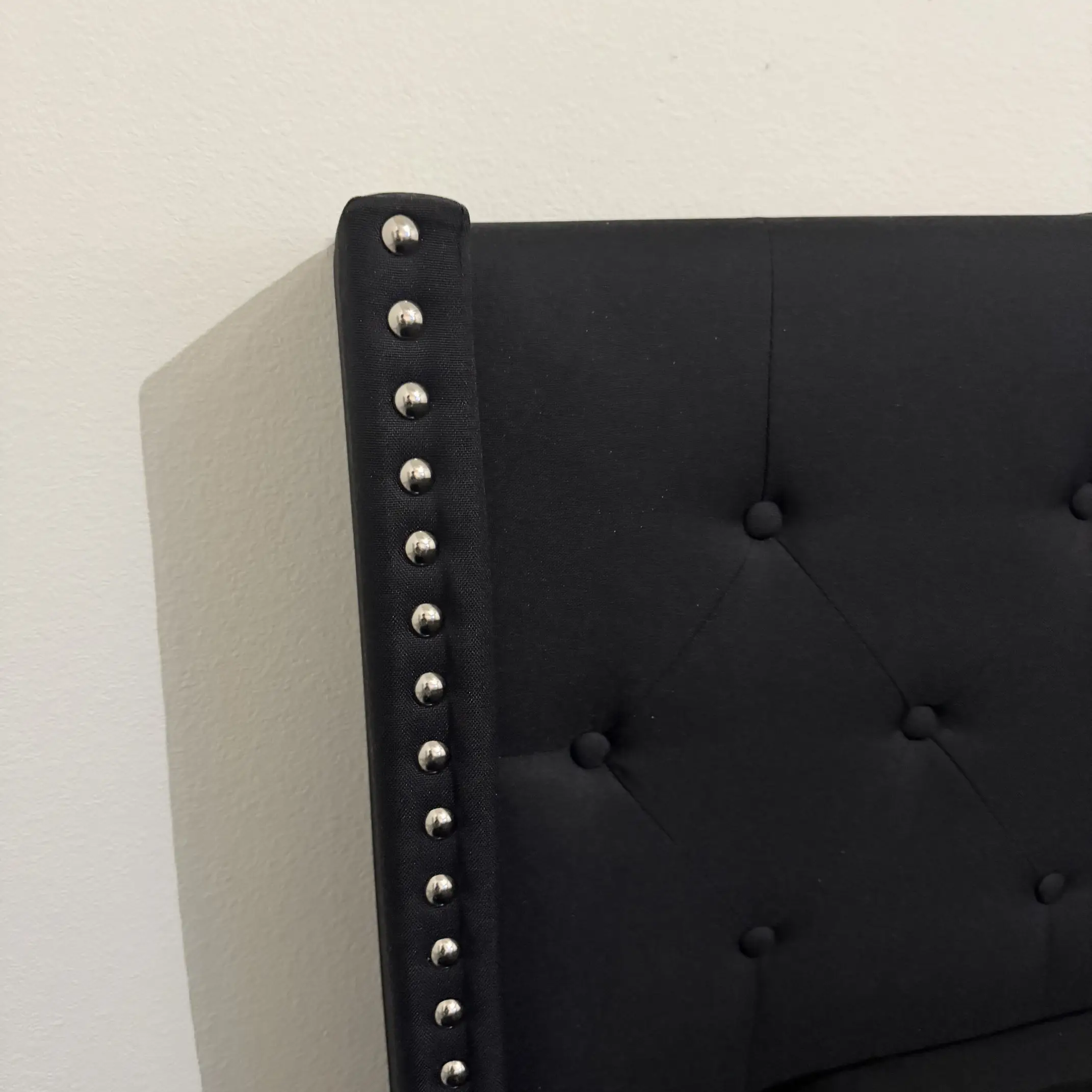 KING Black Upholstered Bed Frame with Nailhead Headboard