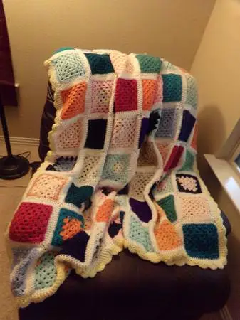 NEW HANDMADE crochet Large Square Afghan blanket TRIMMED IN YELLOW