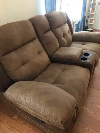Suede leather high end, double recliner with center consul