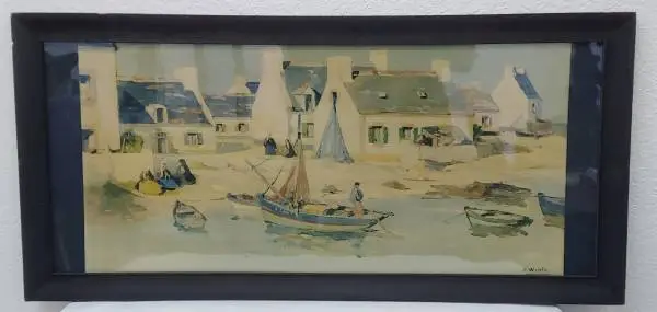 BOAT AT BEACH EDGE BY RAYMOND WINTZ FRAMED ART PRINT 32.5 X 15.5#
