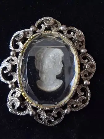 Vintage Beveled Crystal Carved Cameo Brooch Pin