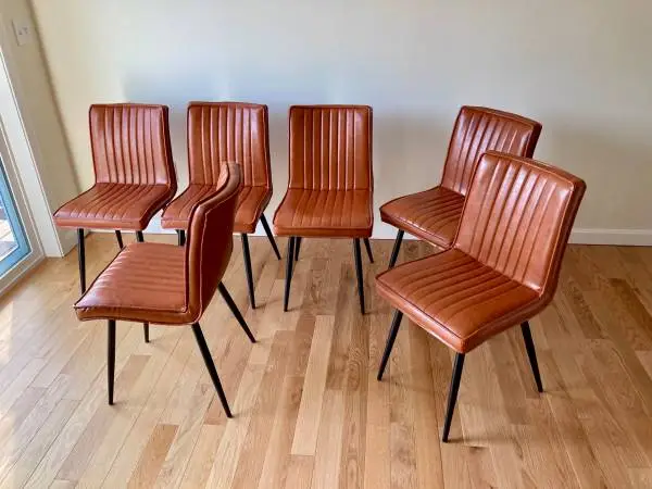 Set of 6 Brown PU Leather Midcentury Modern Dining Table Chairs