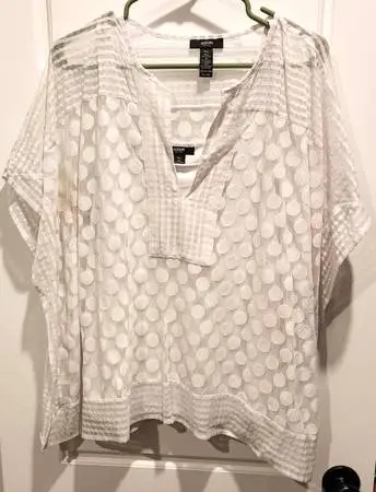 ALFANI PETITE PXL White Polka Dot Mesh Tiered Ruffle Tank Top Blouse P