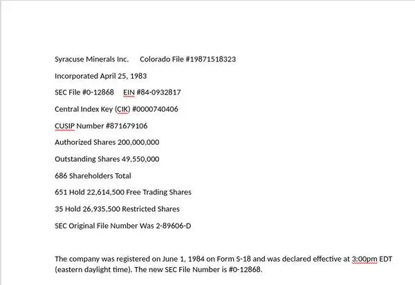 Syracuse Minerals, Inc shareholders