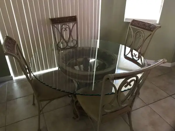 Large Glass Top Dining Table 54” with 4 Very Clean Heavy Duty Chairs