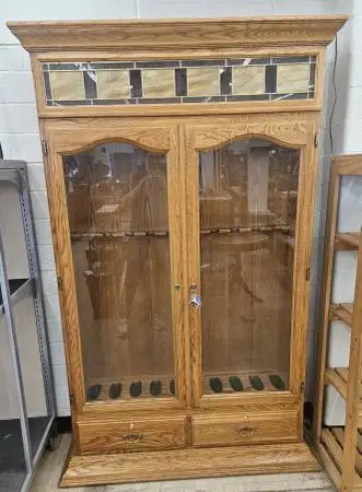 Solid Oak Gun Cabinet with Glass Doors & Storage Drawers - FREE DELIVE