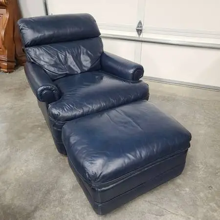 Drexel Blue Vintage Leather Chair And Ottoman