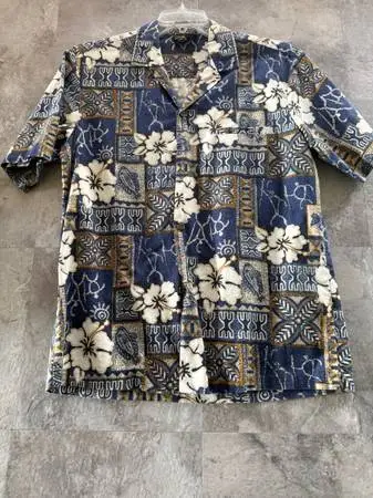 Mens Royal Creations Hibiscus Flower Hawaiian Blue Button Shirt-Med.