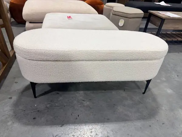 Cream Boucle Upholstered Storage Entry Bench With Black Metal Legs