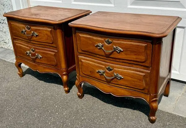 Pair of French Provincial Walnut 2 Drawer Nightstands