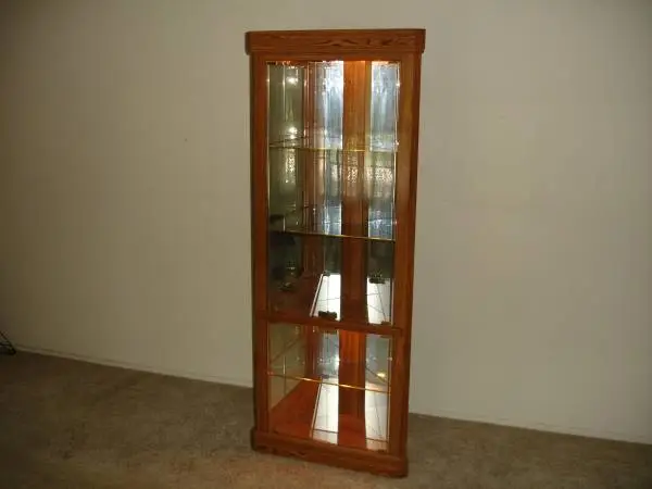 Corner Curio Cabinet - Medium Oak Finish - Upper & Lower Lights