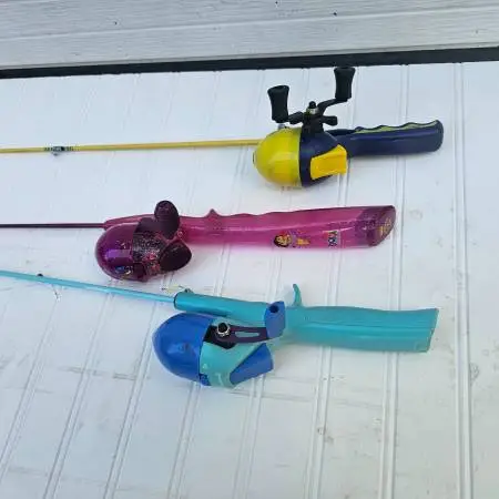 lot 3x Kids fishing poles bundle lot, with bobber, hook, sinker