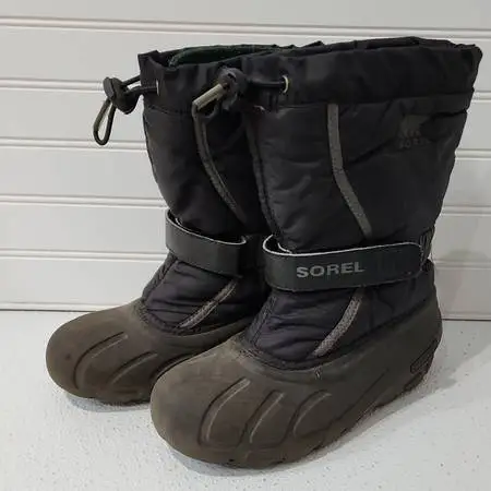 Sz 4 SOREL Black NY1885-016 Hook Loop Slip On YOUTH Winter Boots