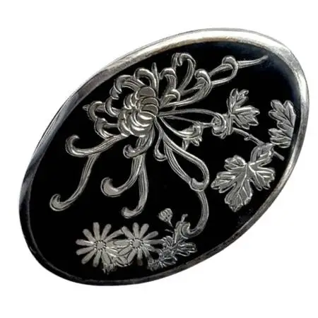 Antique 1940s Silver 950 MUTO Japanese Etched Black Oval Brooch Pin