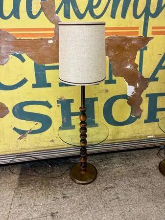 Mid century pole lamp w/ glass table floor light fixture. Wood metal and glass c