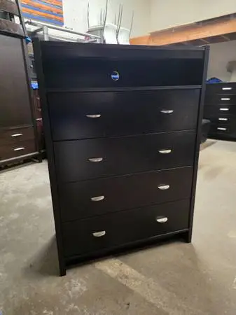 Modern Black 5 Drawer Tallboy Dresser with Glass Top