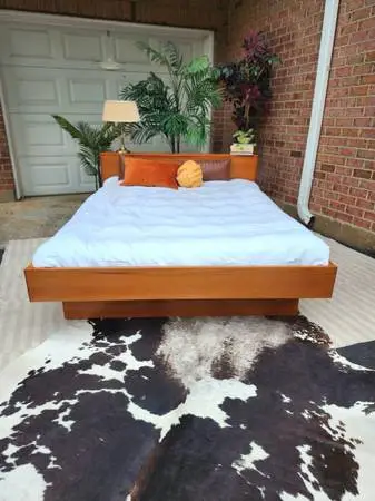 Vintage MCM Danish Teak Queen Platform Floating Bed Frame with Headboard by Mobi