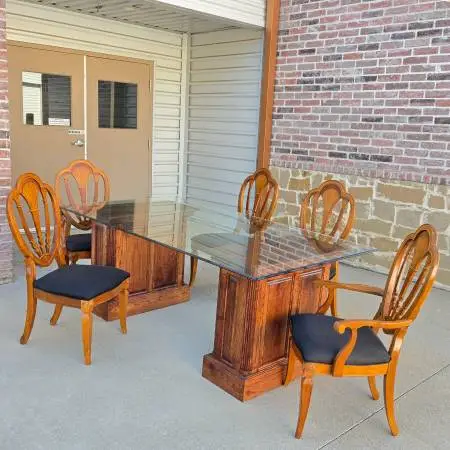Hepplewhite style mahogany shield back chairs with Bevelled Glass Tabl