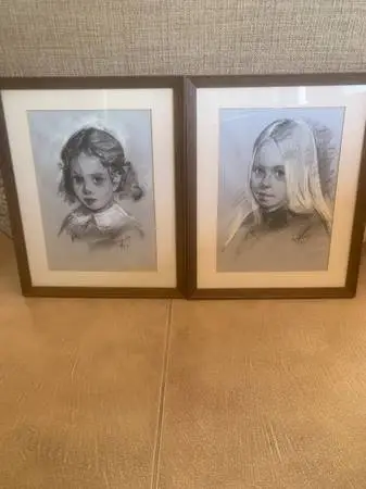 Pair Original Charcoal And Pastel Paintings Framed