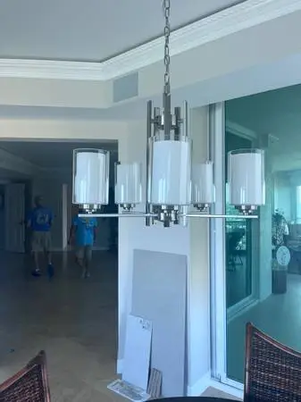 Stainless Steel and White Chandelier