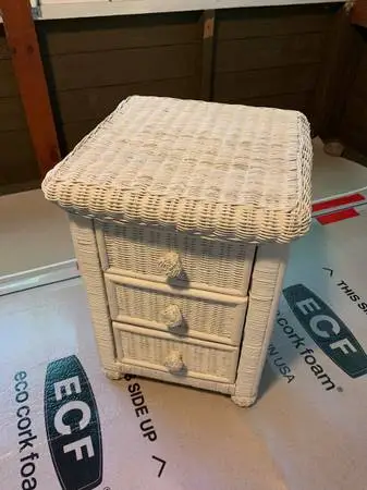Three drawer white wicker table/night stand