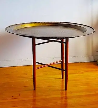 Antique early 19C Incised IndoPersian Lacquered Brass Tray+20C Stand