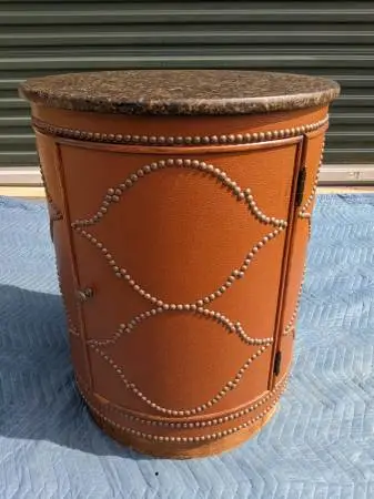 Round Barrel/Drum Accent Table Cabinet Ft. Granite-top, Leather-wrap