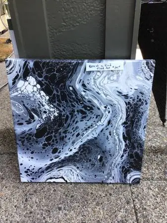 Black & White fluid art 25” square acrylic painting
