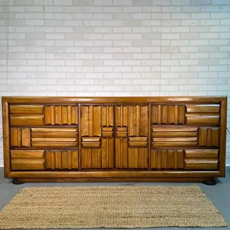 LANE ALTAVISTA Brutalist dresser/ mirror /KING headboard set.