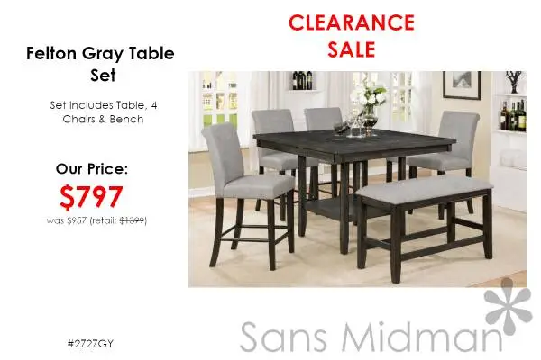 CLEARANCE Felton Counter Height Dining Set With 4 Chairs & Bench