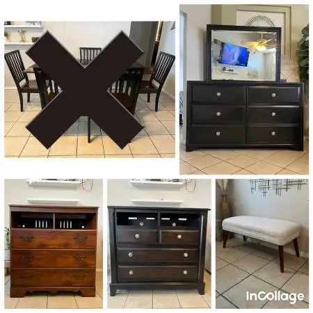 Dresser, bench, dining table, media chest