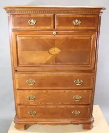 Butler Louis XVI style drop-front secretary desk vintage tall chest of drawers L
