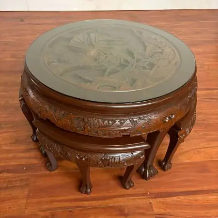 Vintage Carved Glass Top Tea Table & Nesting Stools