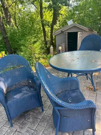 FREE: Blue Patio Table (Glass Top) + Chairs & Cushions